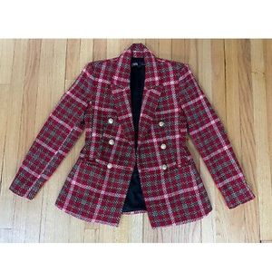 Zara Red And Black Plaid Blazer